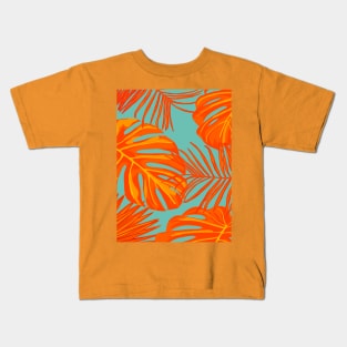 Orange and Turquoise Tropical Leaves Kids T-Shirt